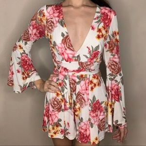 White Romper with Long Bell Sleeves and Flowers
